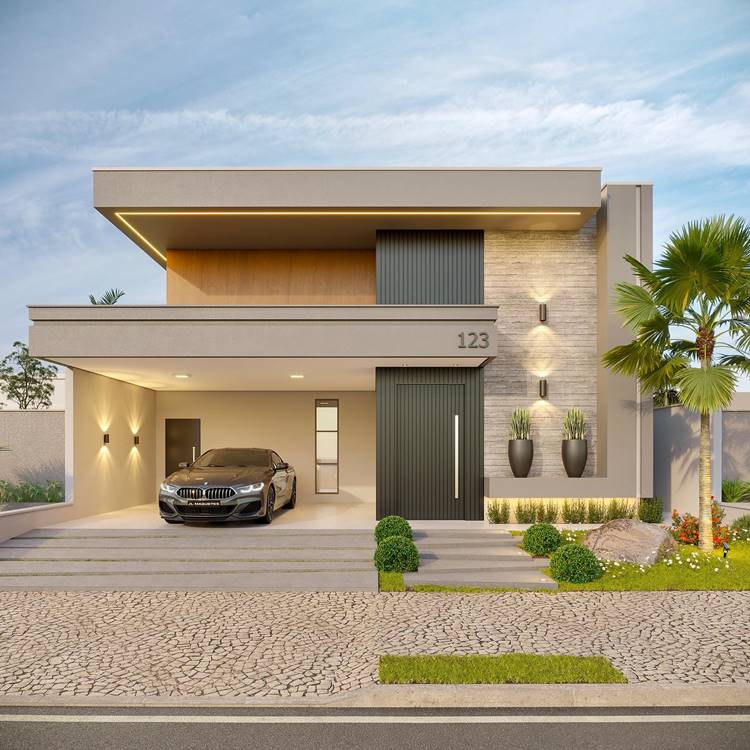 A imagem mostra uma casa moderna, com design limpo e linhas retas, possui uma garagem aberta e um segundo andar visível. A casa tem texturas de cinza e madeira, um carro de luxo na garagem e o número “123” na frente. Há plantas em vasos, arbustos e flores, e uma palmeira na frente da casa.
