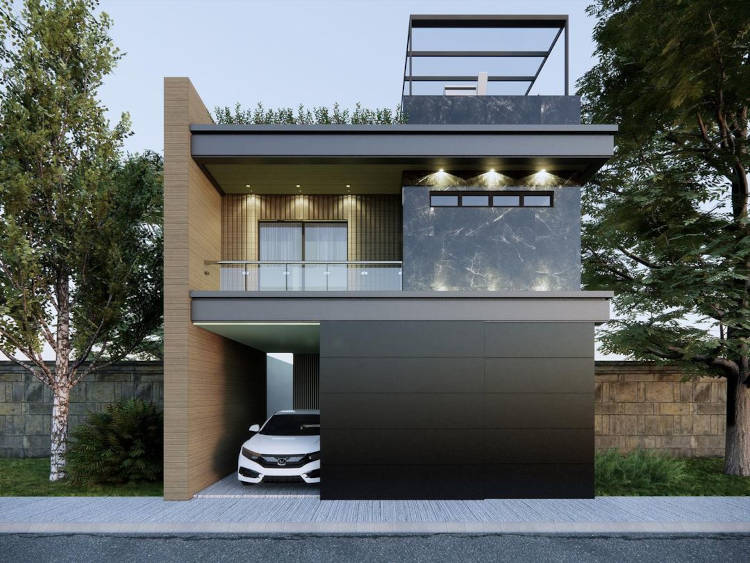 Casa com terraço e portão preto.