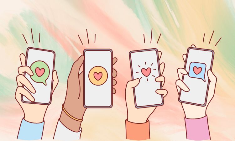 Quem pratica ghosting?, ilustração de celulares com corações na tela Quem pratica ghosting?