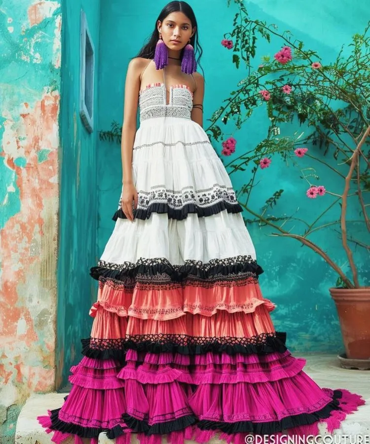 Uma modelo posa em um vestido longo sem alças com camadas. O corpete é branco com detalhes pretos, enquanto a saia em camadas vai do branco ao pêssego e rosa choque, com babados pretos, em frente a uma parede azul-petróleo.