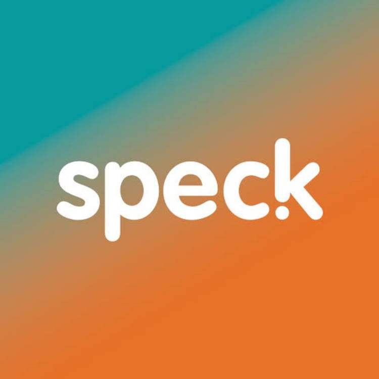 Logo da plataforma Speck em branco com fundo azul e laranja Logo da Plataforma