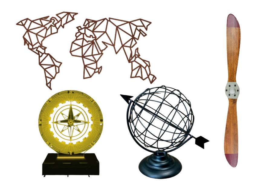 Objetos como globo, bússola, mapa mundi e hélice.