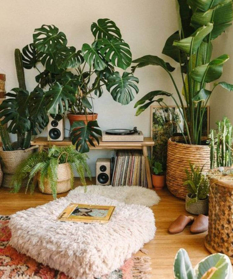 Espaço zen com almofada bege de pelos, tapete colorido, discos de vinil e muitas plantas