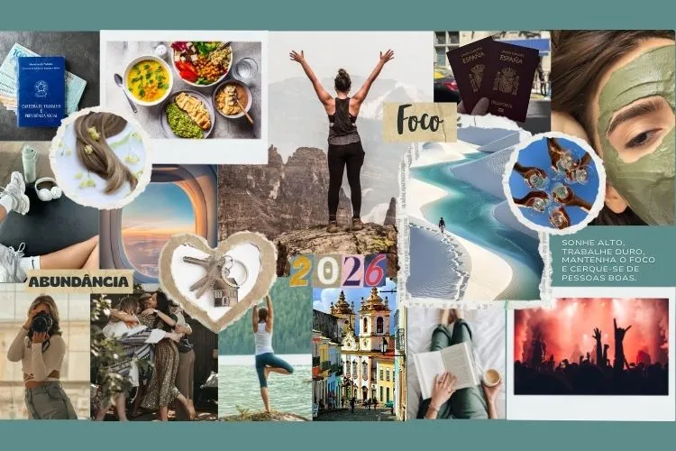 Quadro de metas para 2026 feito no Canva com imagens de mulher fazendo trilha, amigas se abraçando, comida saudável e mais