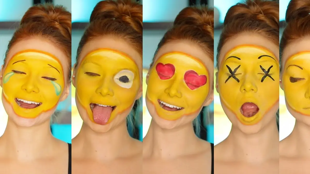 4 fotos de mulher ruiva de pele clara maquiada com 4 emojis diferentes