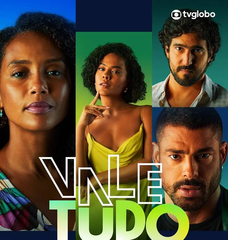 Montagem promocional da novela "Vale Tudo" com quatro personagens principais. No topo, mulheres com expressões fortes: à esquerda, em vestido estampado; ao centro, em vestido amarelo. Abaixo, dois homens: um de barba e camisa clara, outro com olhar intenso.






