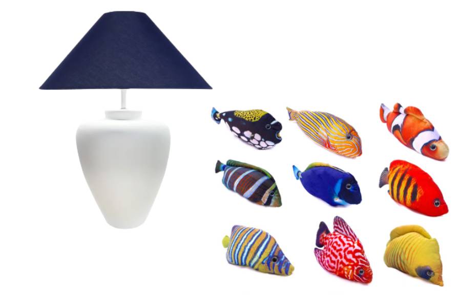 Abajur e almofadas de peixes da Decoração do BBB 23.
