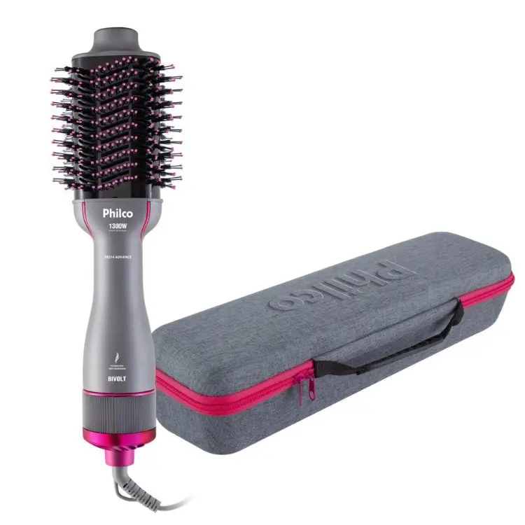 Escova Secadora Philco Soft Advance PES14 Infrared cinza com detalhes em rosa, assim como estojo