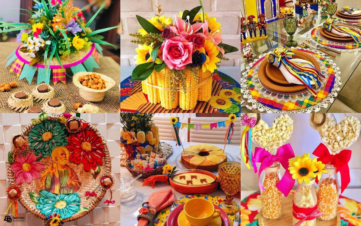 Montagem com 6 ideias para decorar festa junina.