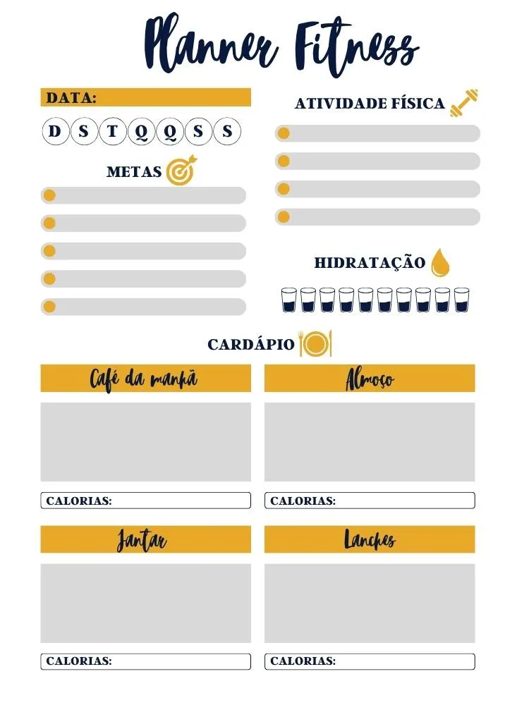 Planner fitness em cinza e dourado, com espaços como café da manhã, almoço, jantar, calorias, metas...