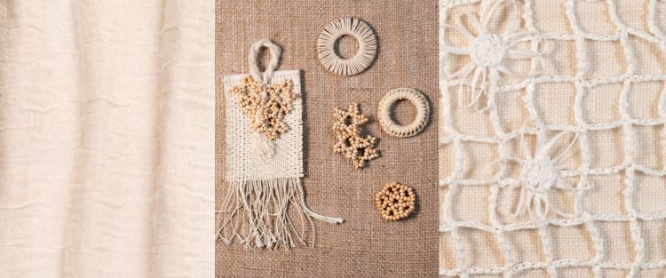 imagem de 3 tecidos , jacquard, aplicações manuais e crochê