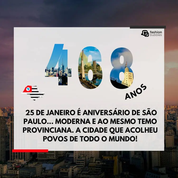 Foto de São Paulo com quadrado escrito "468" e "25 de janeiro é aniversário de São Paulo... Moderna e, ao mesmo tempo, provinciana. A cidade que acolheu povos de todo o mundo!"