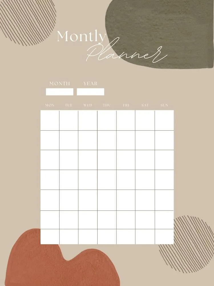 Planner mensal em marrom com espaços em branco para você colocar as datas e anotações.