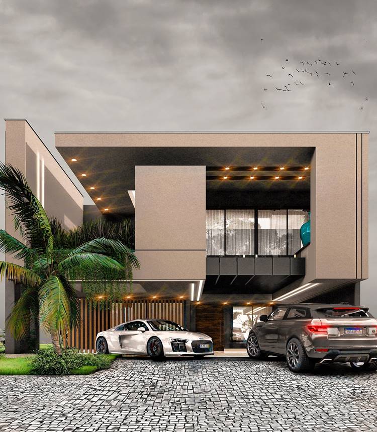 Fachada de casa moderna, com design geométrico, paredes claras e janelas amplas. Há dois carros estacionados na frente. A casa tem um design arquitetônico luxuoso e elegante
