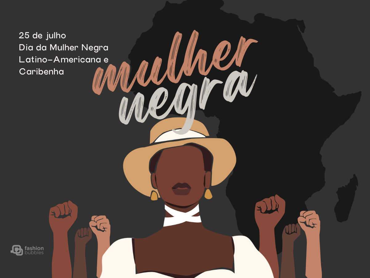 Montagem de fundo cinza com mapa da África em preto, mulher de pele negra usando chapéu e vestido branco, além de mãos negras de punho fechado e frase "25 de julho Dia da Mulher Negra Latino Americana e Caribenha"