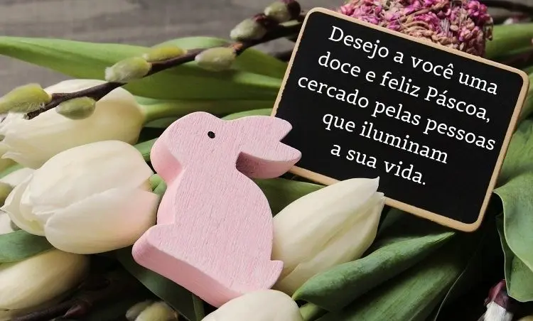 Foto de flores, desenho de coelho e frase: Desejo a você uma doce e feliz Páscoa, cercado pelas pessoas que iluminam a sua vida.