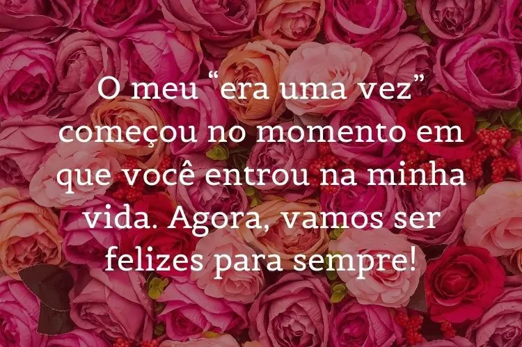 Foto de flores rosas e frase "O meu “era uma vez” começou no momento em que você entrou na minha vida. Agora, vamos ser felizes para sempre!"