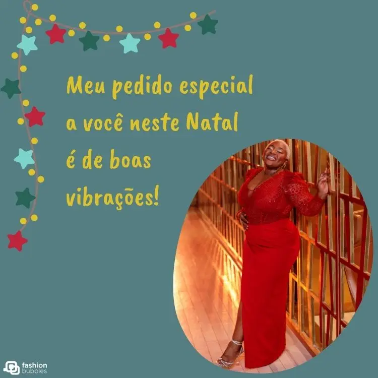 fundo azul com foto de mulher usando vestido vermelho e frases para look de natal