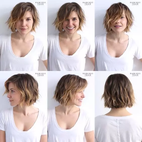 Montagem 6 fotos mostram mulher com corte de cabelo Long Bob
