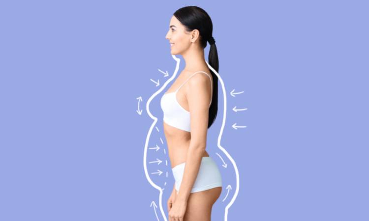 Mulher magra de lado.