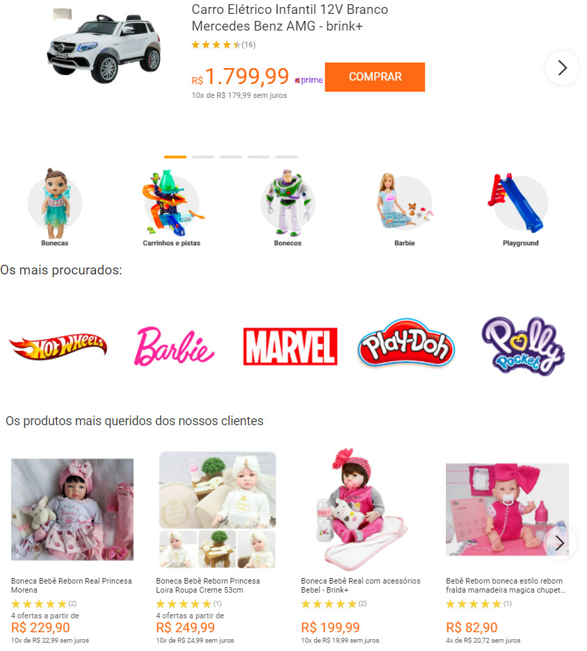 Print de tela da Shoptime com opções de brinquedos