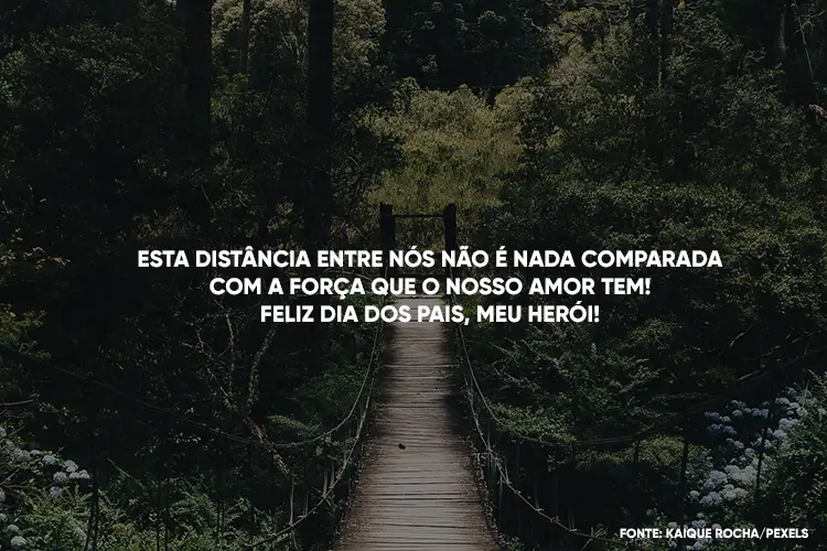Foto de ponte em meio à natureza e frase "Esta distância entre nós não é nada comparada com a força que o nosso amor tem! Feliz Dia dos Pais, meu herói!"