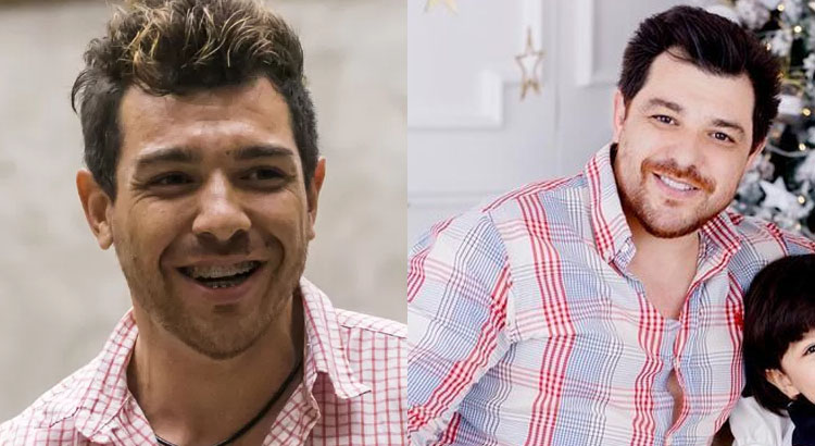 Montagem com duas fotos de Cézar Lima, uma na época do BBB e outra atualmente 