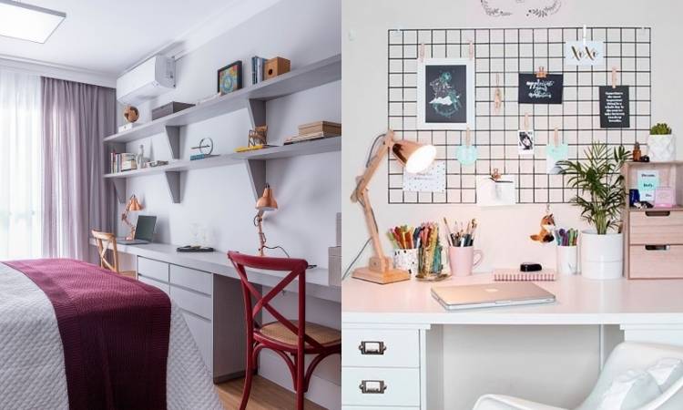 Home office com prateleiras e quadro aramado.