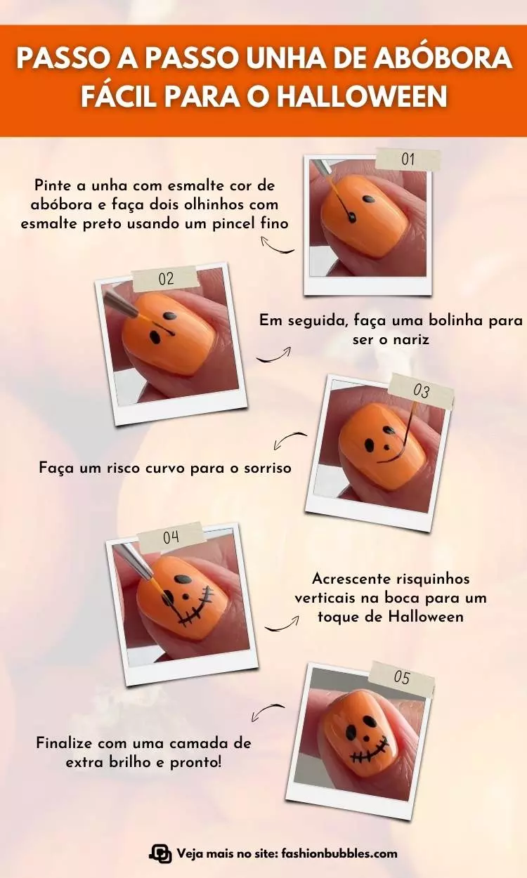 Montagem com 5 passos de como fazer unha carinha de abóbora para o Halloween