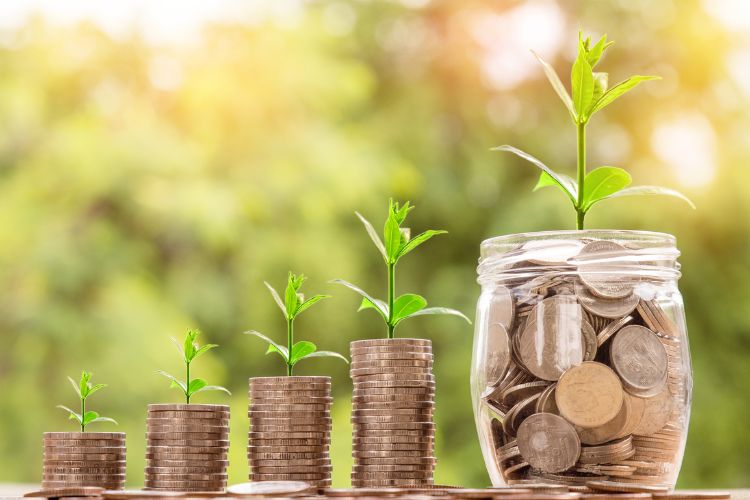 A imagem mostra quatro pilhas crescentes de moedas, cada uma com uma pequena planta brotando no topo, simbolizando crescimento. Ao lado, um pote cheio de moedas também tem uma planta. A cena representa a ideia de investir, destacando como o dinheiro pode crescer com o tempo, semelhante a jogar na loteria, mas com um foco em resultados sustentáveis.


