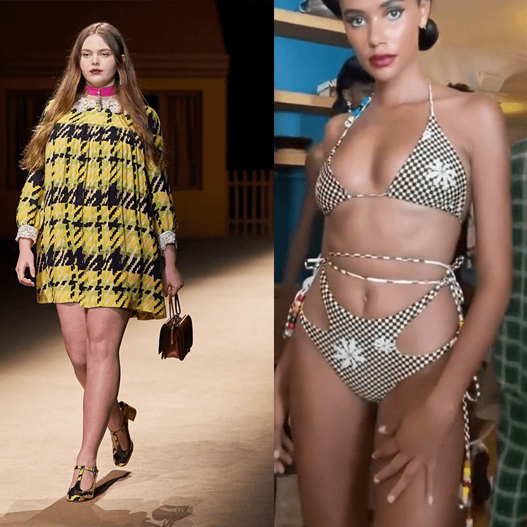Modelos usando vestido xadrez e bikini xadrez com flores
