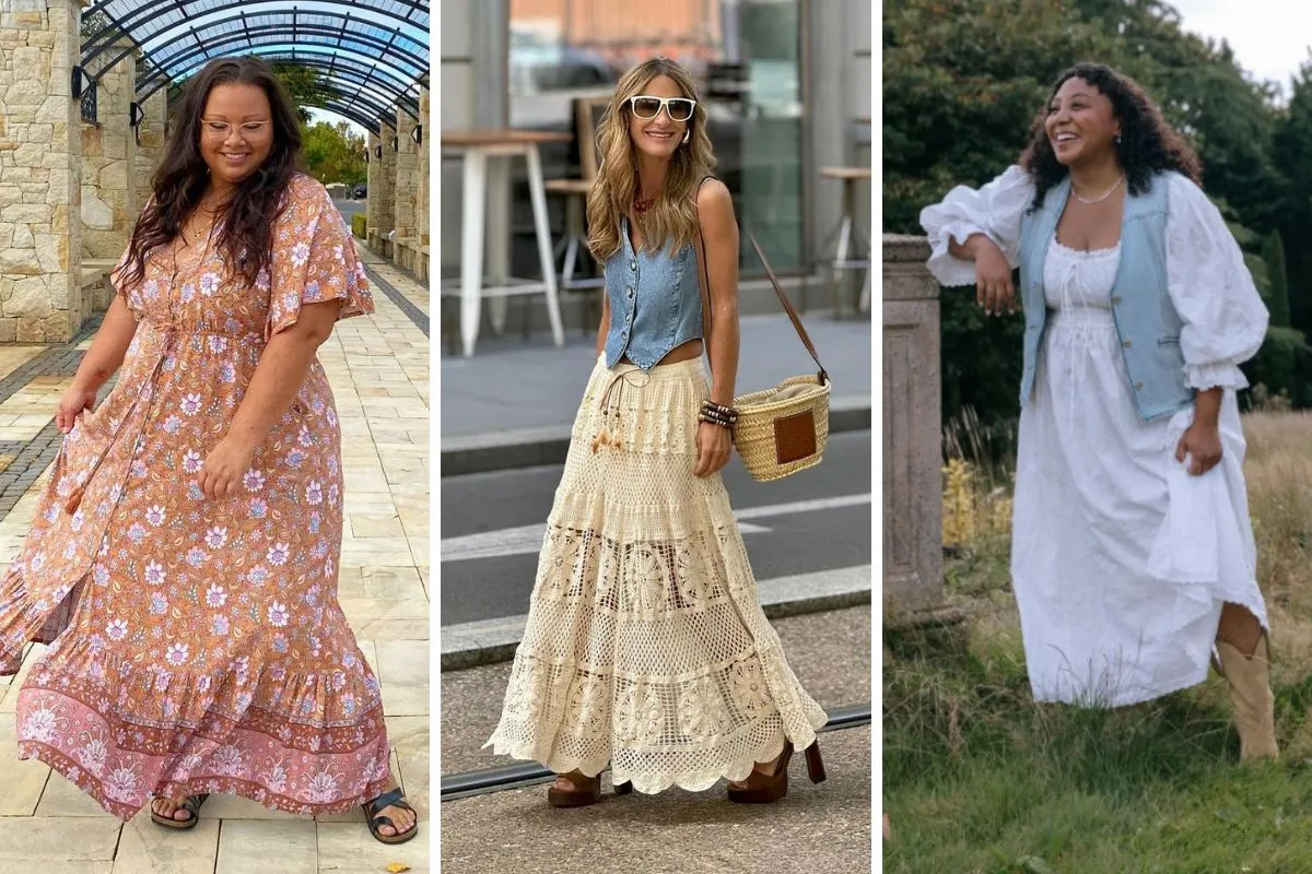 Montagem com 3 fotos que aparecem na matéria, como mulher usando vestido marrom com flores, outra mulher usando colete jeans e saia de crochê e outra usando vestido branco com colete jeans