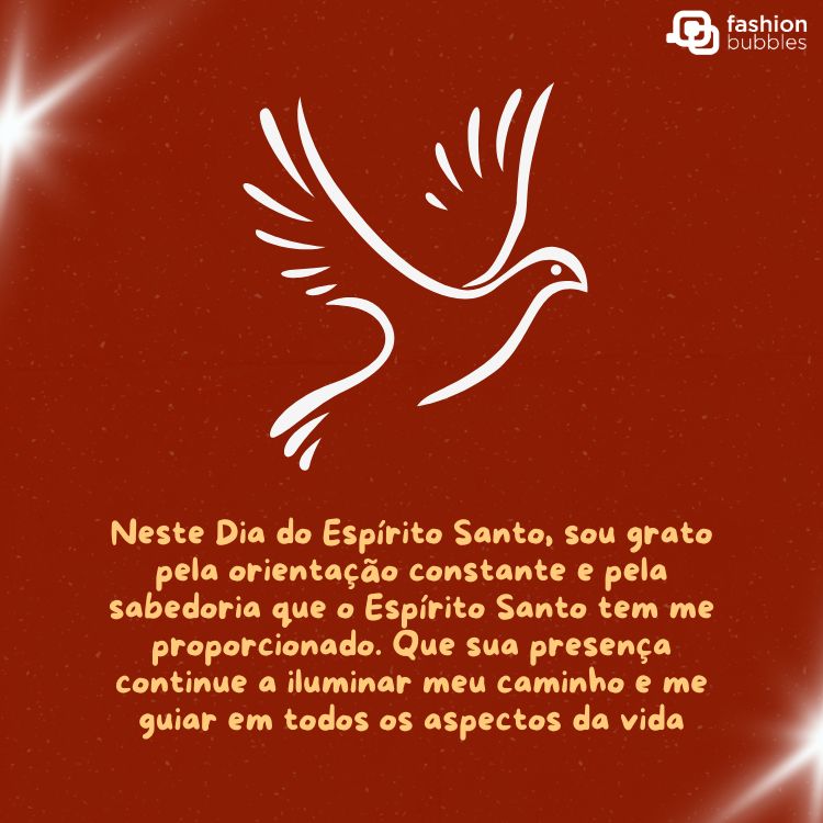 Cartão virtual de fundo vinho, com desenho de "pompa branca" e frase "Neste Dia do Espírito Santo, sou grato pela orientação constante e pela sabedoria que o Espírito Santo tem me proporcionado. Que sua presença continue a iluminar meu caminho e me guiar em todos os aspectos da vida."