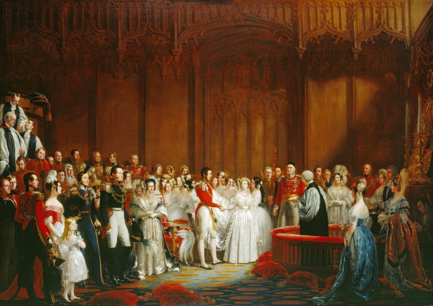 O casamento da Rainha Vitória em 1840, com um vestido de noiva branco.