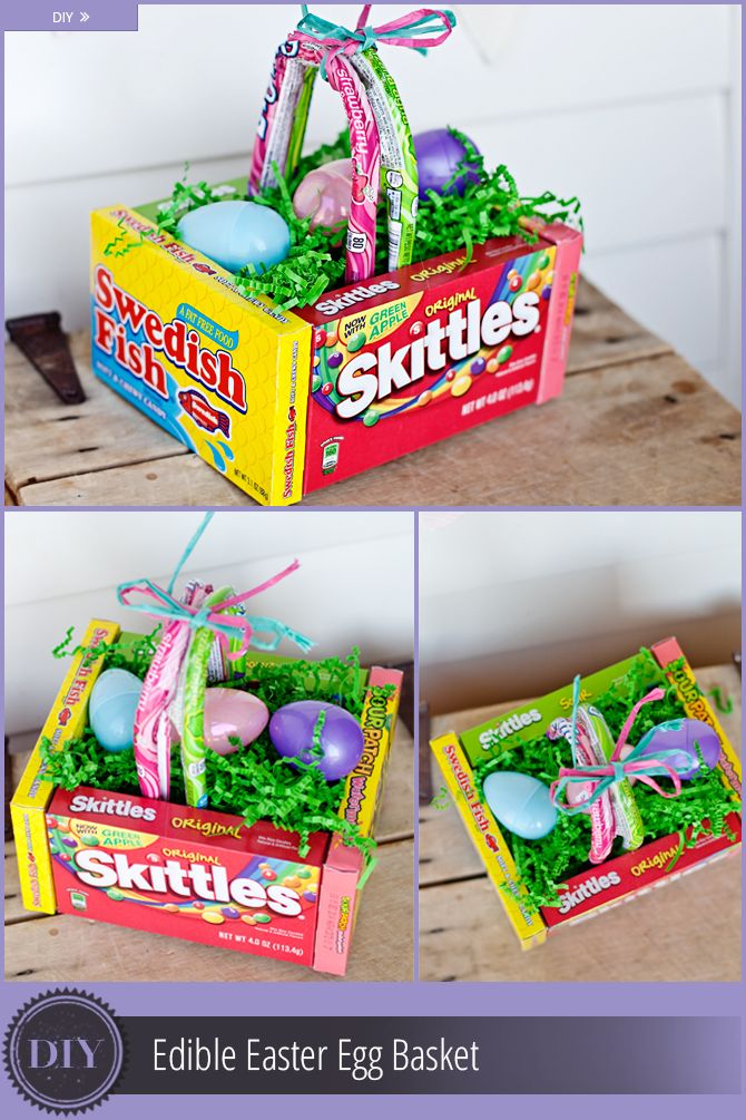 Caixas de Skittles formando cesta com ovos de Páscoa