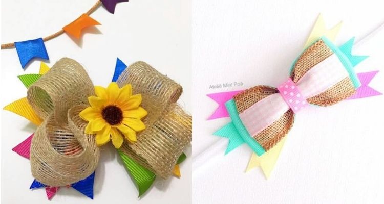 Adereço de festa junina com laços e fitas coloridas