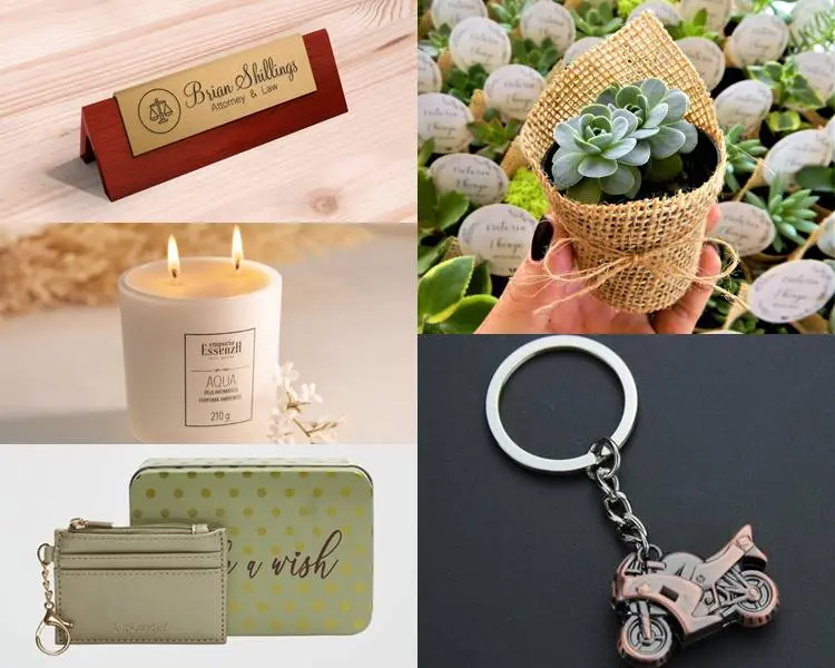 Montagem com 5 sugestões de presentes para Amigo Secreto para o chefe: placa com nome, vela aromática, carteira, flor, chaveiro