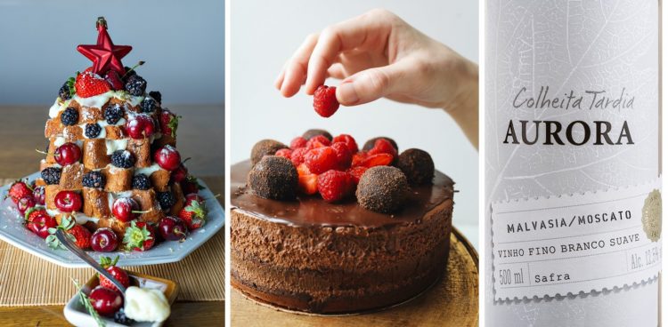 foto de um pandoro recheado com chantilly e frutas vermelhas foto do meio mousse de chocolate decorado com framboesas e trufas foto da direita rótulo do vinho colheita tardia da vinícola aurora