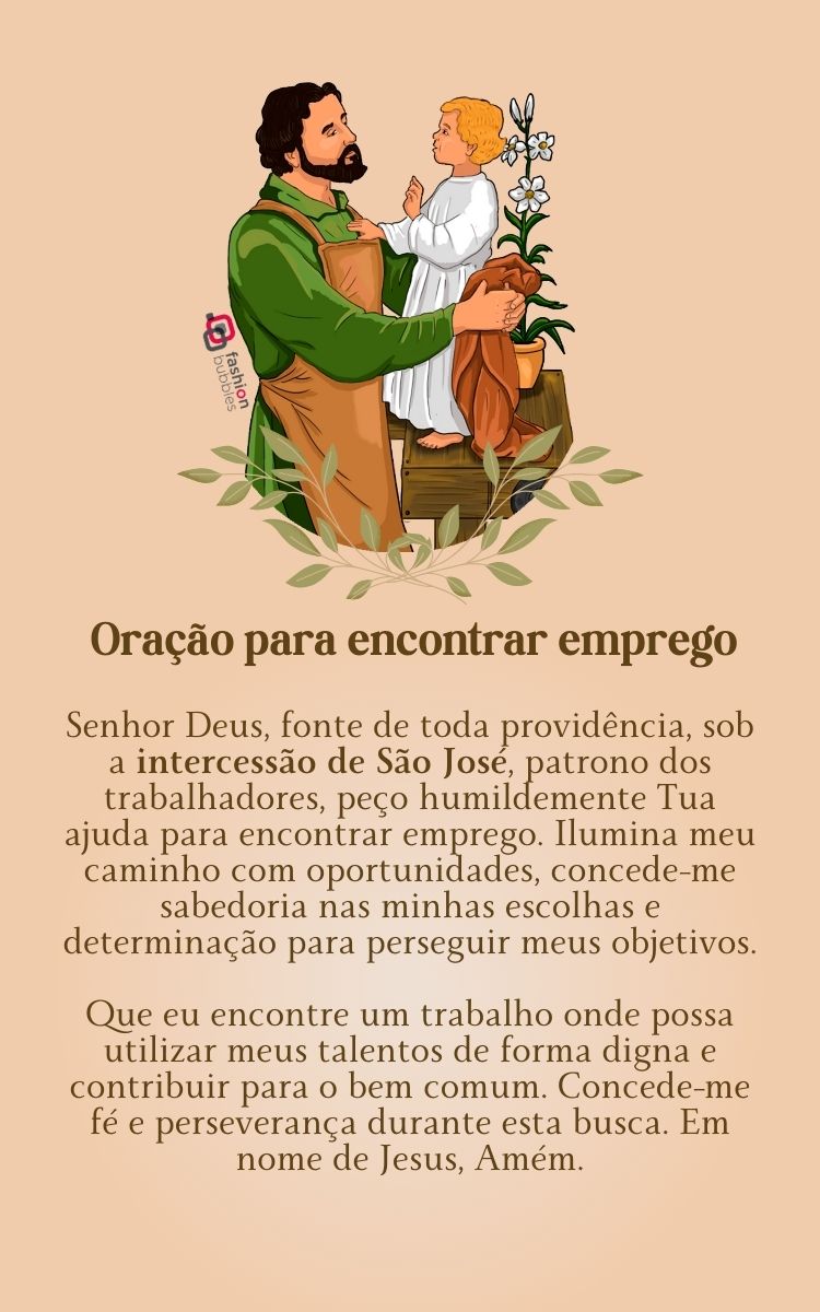 Oração para encontrar emprego, em fundo bege com imagem de São José e Jesus.