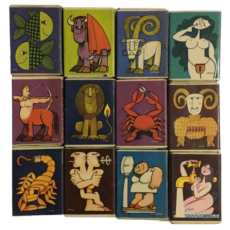 Estampas dos signos feita pelo desenhista Ziraldo em caixinhas de fósforo