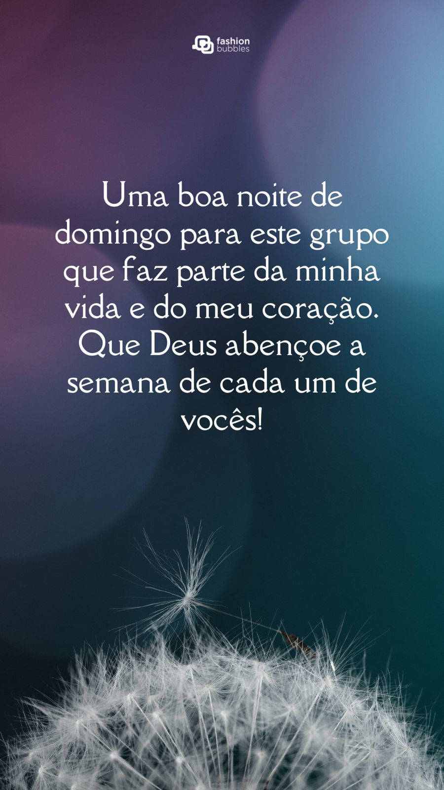 Foto de dente-de-leão com fundo escuro e frase "Uma boa noite de domingo para este grupo que faz parte da minha vida e do meu coração. Que Deus abençoe a semana de cada um de vocês!"
