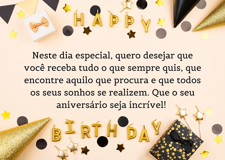 cartão virtual de feliz aniversário para amigo de fundo rosa com chapéu e enfeites em preto e dourado e frase "Neste dia especial, quero desejar que você receba tudo o que sempre quis, que encontre aquilo que procura e que todos os seus sonhos se realizem. Que o seu aniversário seja incrível!"