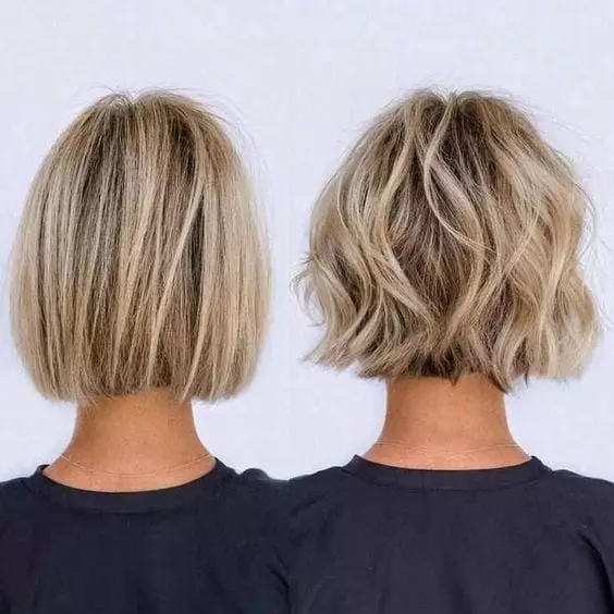 montagem duas fotos mulher com cabelo curto liso e ondulado