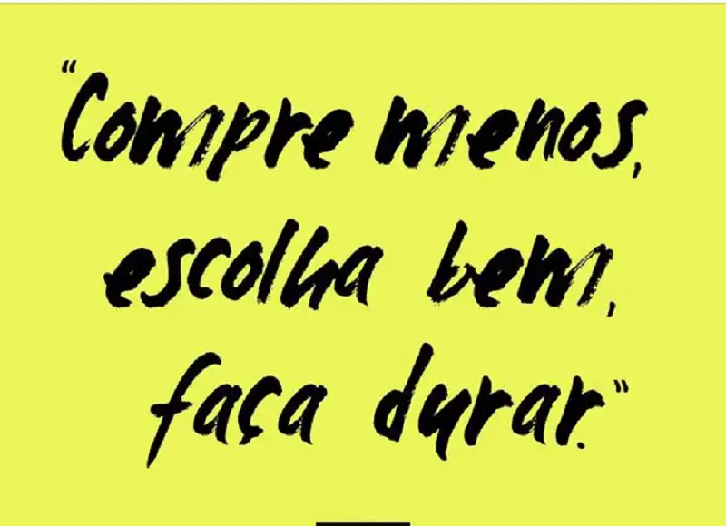 imagem com frase em preto e fundo amarelo com os dizeres "compre menos, escolha bem, faça durar"