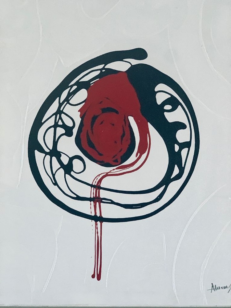 Quadro de artista brasileira em tons de preto e vermelho