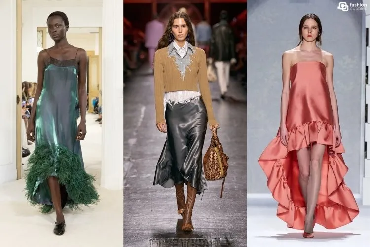 Modelos na passarela usando peças acetinadas, uma das tendências da Semana de Moda de Milão Primavera Verão 2027