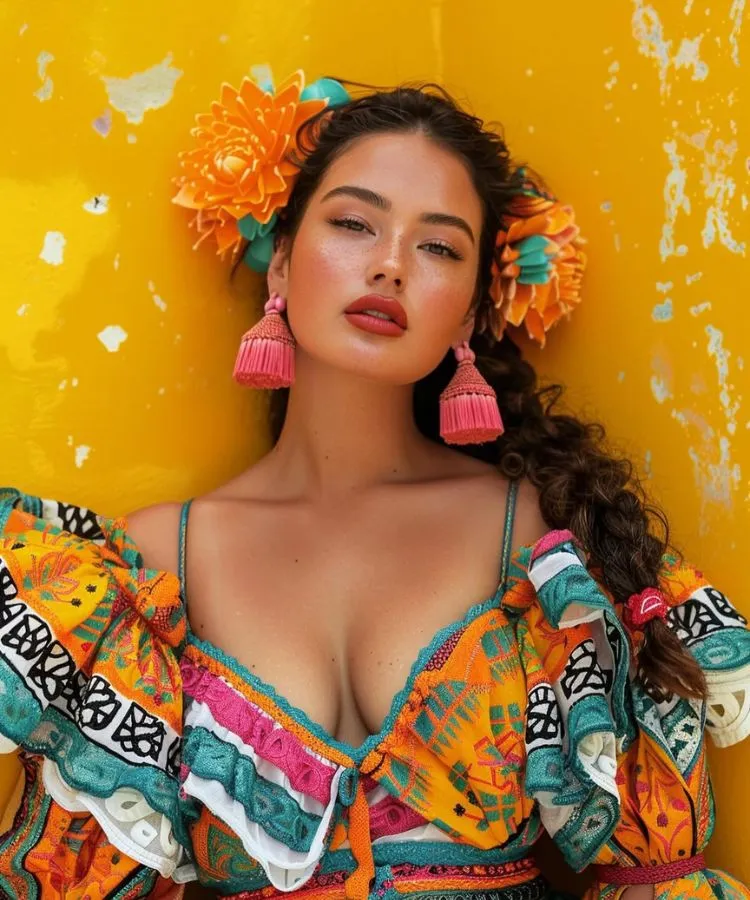 Uma modelo com cabelo castanho cacheado posa em um top com decote em V de estilo mexicano. O top é laranja, rosa e azul-petróleo com babados e detalhes estampados. A modelo usa flores no cabelo e brincos de borla rosa, em frente a uma parede amarela.


Fontes
