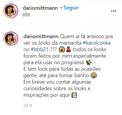 Instagram Dario Mittmann sobre looks da Karol Conka