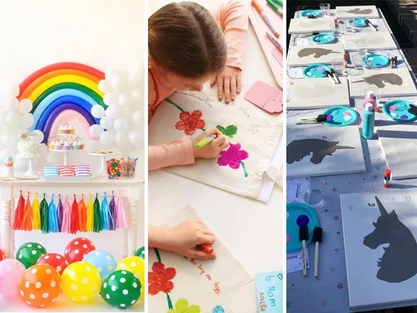 Colagem de artes de crianças. Há uma decoração, uma criança desenhando e vários desenhos. Montagem com 3 fotos: mesa decorada com arco-íris e doces; crianças pintando eco-bag; e quadros de unicórnio para pintar