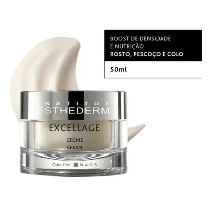 A imagem apresenta um pote de creme Institut Esthederm Excellage Cream, destinado a promover boost de densidade e nutrição. Ele é indicado para rosto, pescoço e colo, com volume de 50ml. O creme de cor clara é visível no pote transparente com tampa dourada, e há um pouco de creme na parte de trás.

